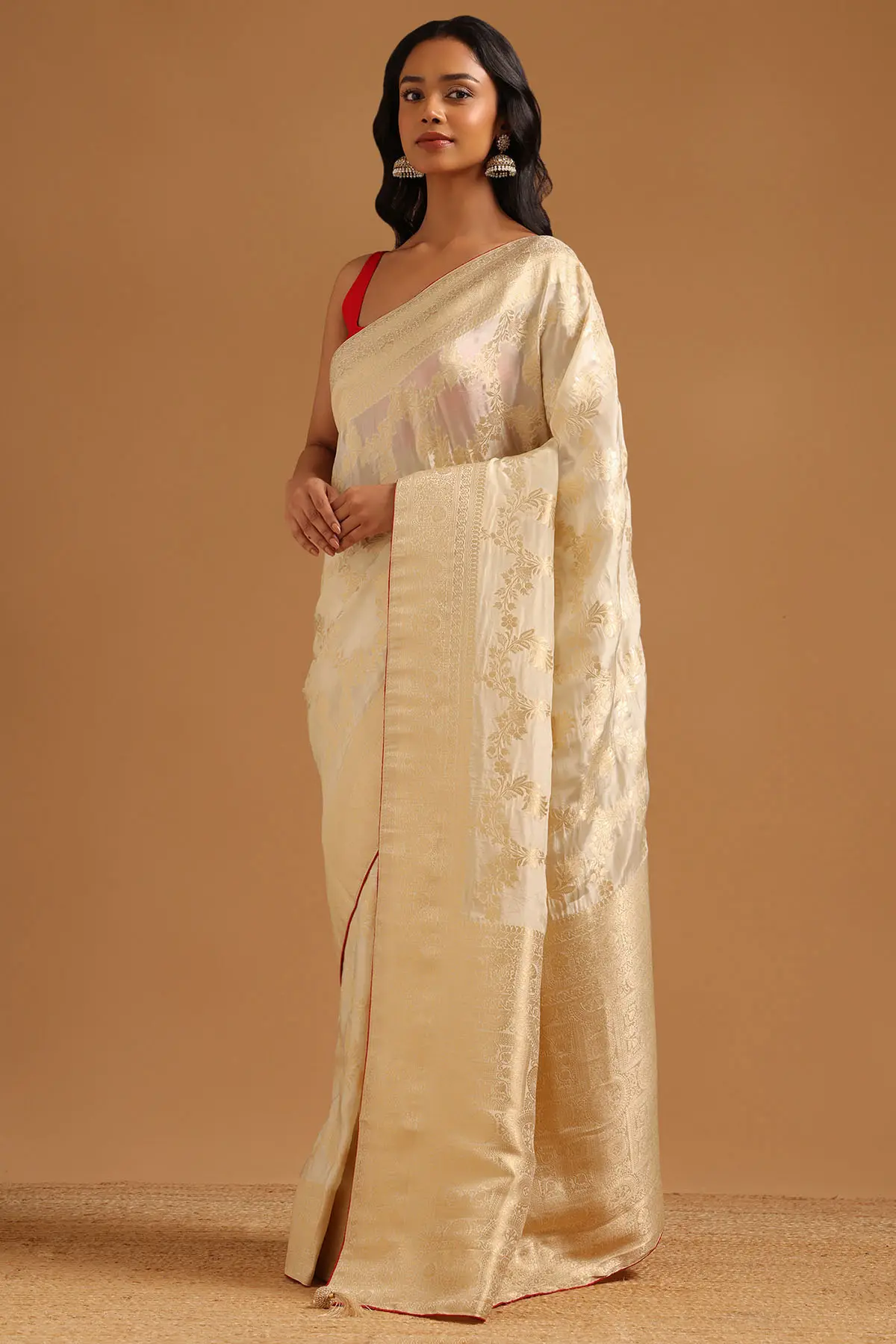 Cream Silk Blend Botanical Zari Woven Saree